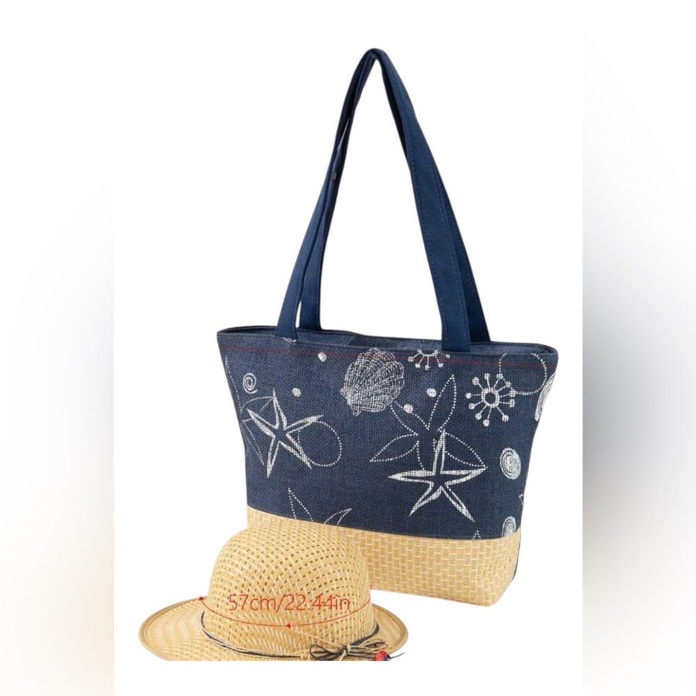 A Set Of Women Summer Khaki Wide Brim Straw Hat, Large Shoulder Bag.